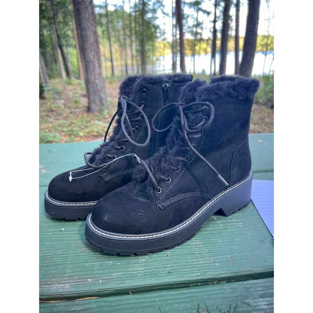 Madden Girl Carra Combat Boots Black Faux Suede Fur Lined Moto Size 8.5 NWT